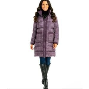 Bernardo Tweed Puffer Coat Size Medium Heavyweight Full Zip Removable Collar